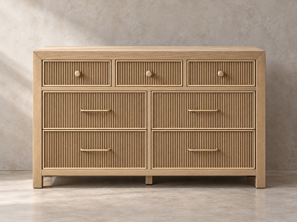 Rendered Sonoma 50-inch dresser in Nordic White Oak — limewash front. Room decor shown for styling.