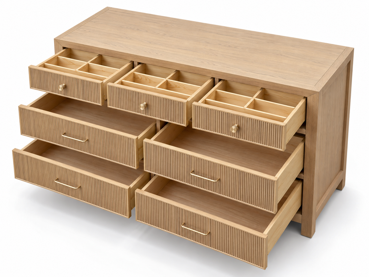 Rendered Sonoma 50-inch dresser in Nordic White Oak — open overall. Room decor shown for styling.