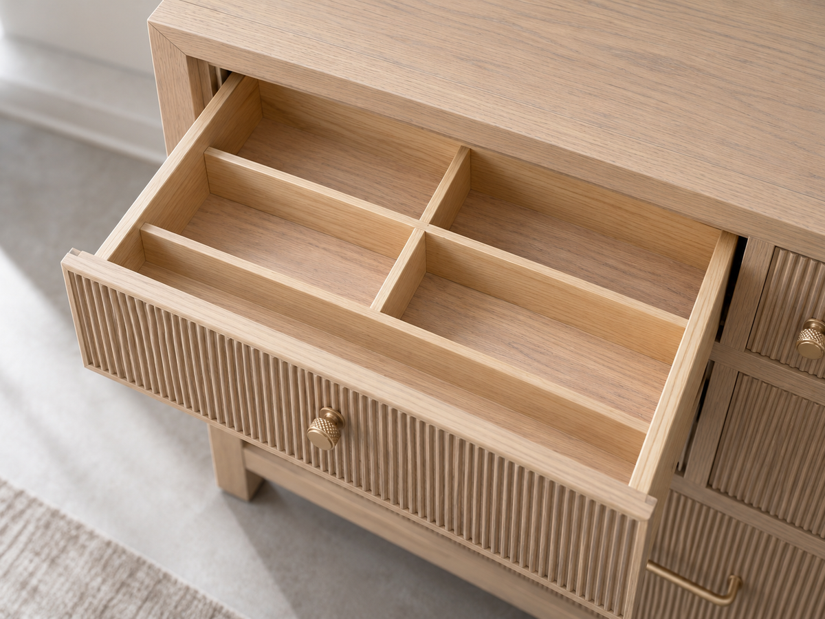 Rendered Sonoma 50-inch dresser in Nordic White Oak — organizer detail. Room decor shown for styling.