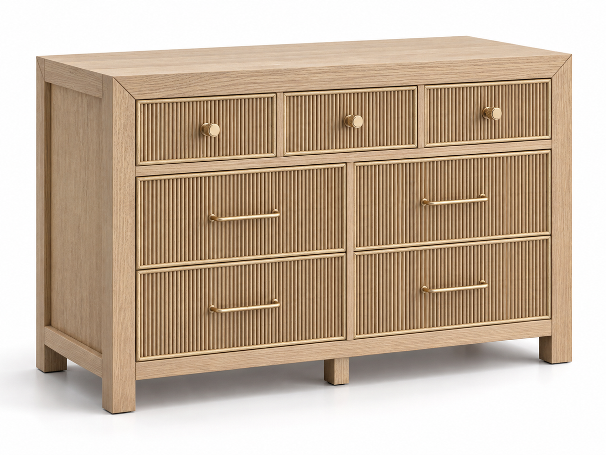 Rendered Sonoma 50-inch dresser in Nordic White Oak — studio left. Room decor shown for styling.