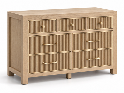 Rendered Sonoma 50-inch dresser in Nordic White Oak — studio left. Room decor shown for styling.