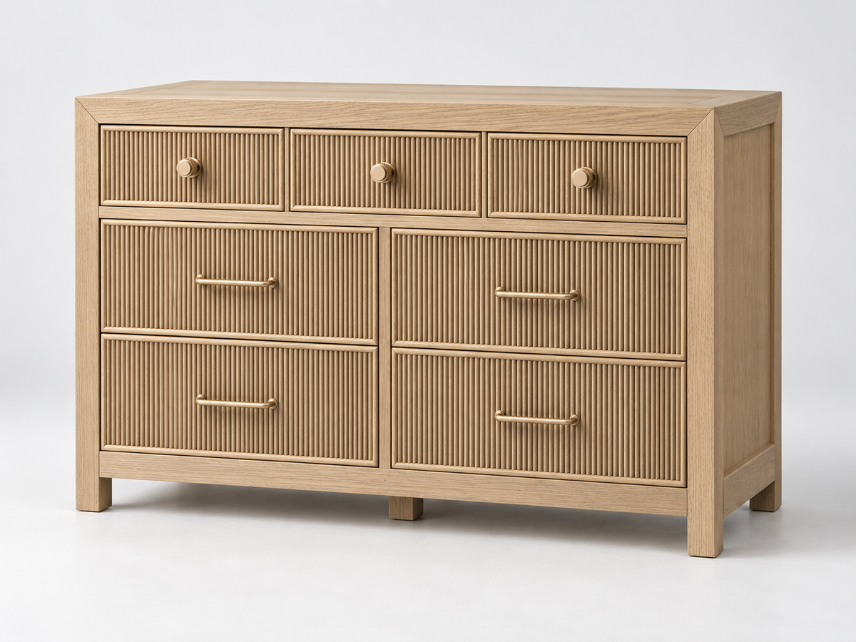 Rendered Sonoma 50-inch dresser in Nordic White Oak — studio right. Room decor shown for styling.