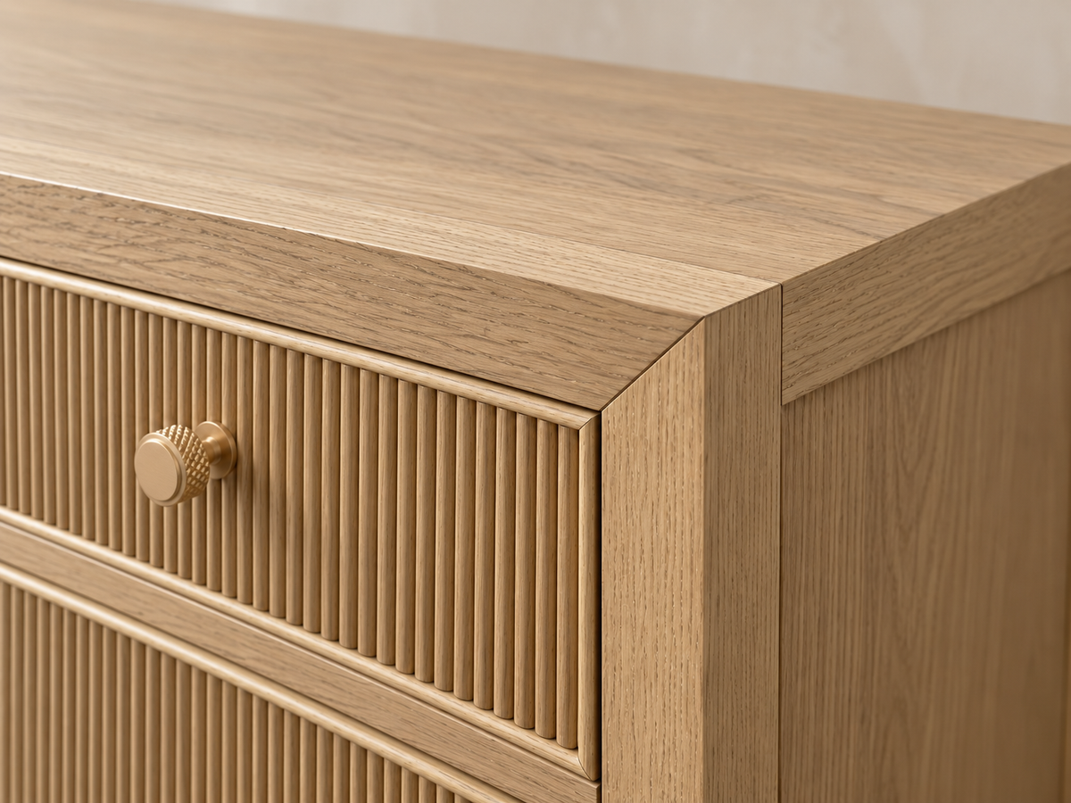 Rendered Sonoma 72-inch dresser in Nordic White Oak — frame reed macro. Room decor shown for styling.