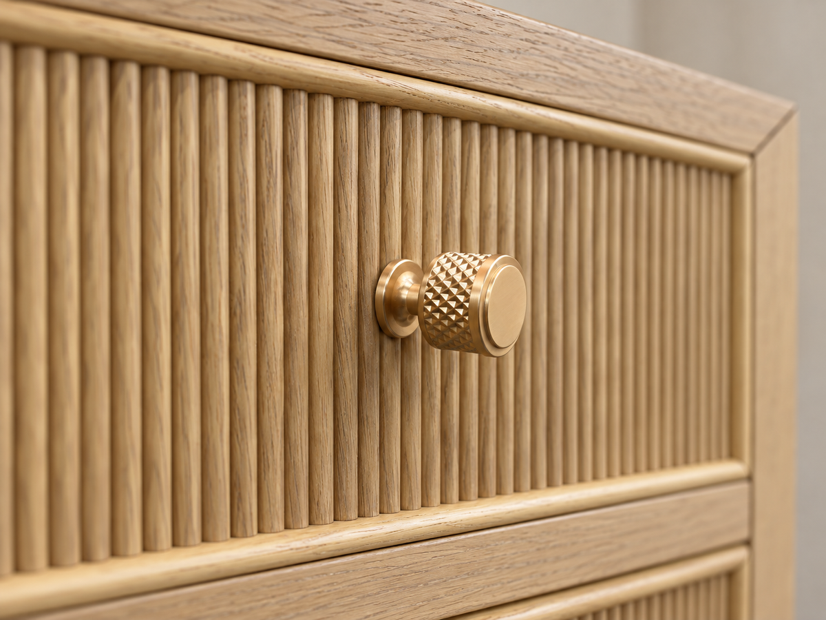 Rendered Sonoma 72-inch dresser in Nordic White Oak — hardware macro. Room decor shown for styling.