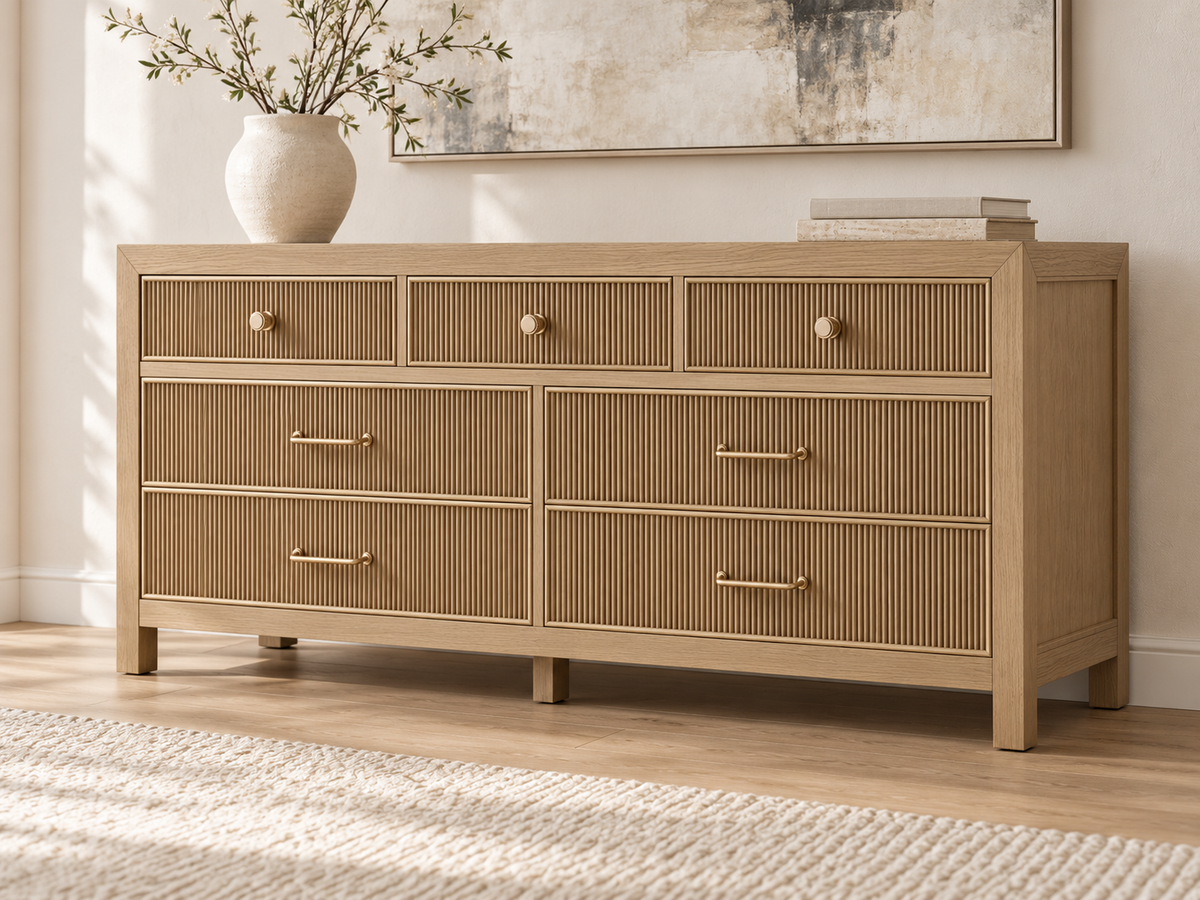 Rendered Sonoma 72-inch dresser in Nordic White Oak — interior 01. Room decor shown for styling.