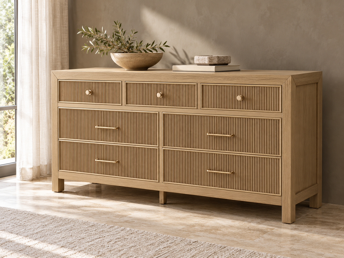 Rendered Sonoma 72-inch dresser in Nordic White Oak — interior 02. Room decor shown for styling.