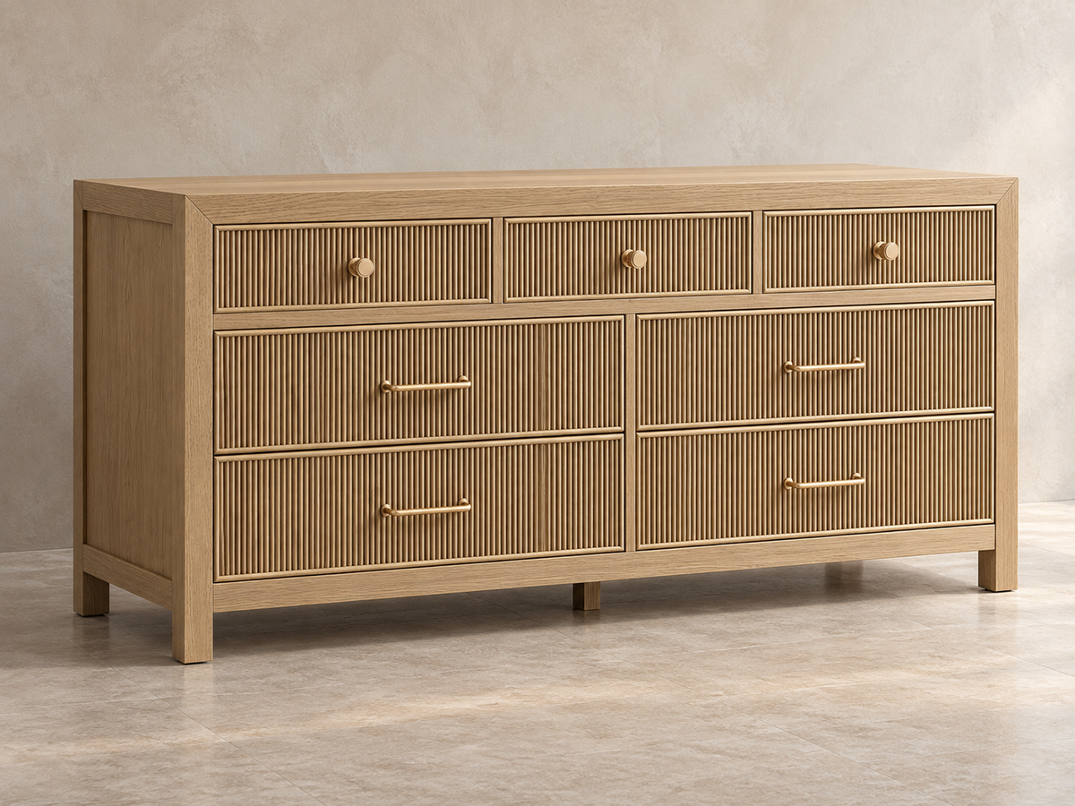 Rendered Sonoma 72-inch dresser in Nordic White Oak — limewash angle. Room decor shown for styling.