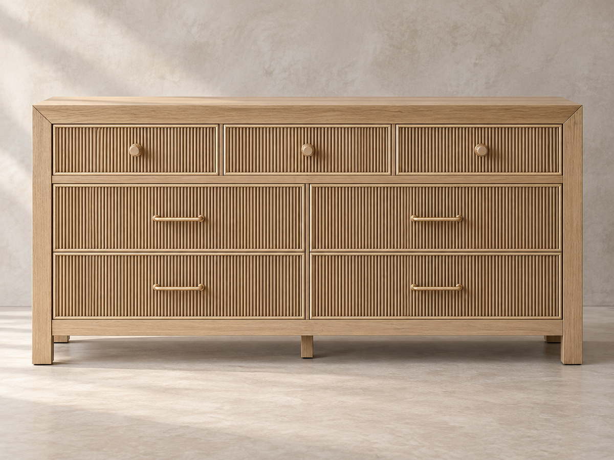 Rendered Sonoma 72-inch dresser in Nordic White Oak — limewash front. Room decor shown for styling.