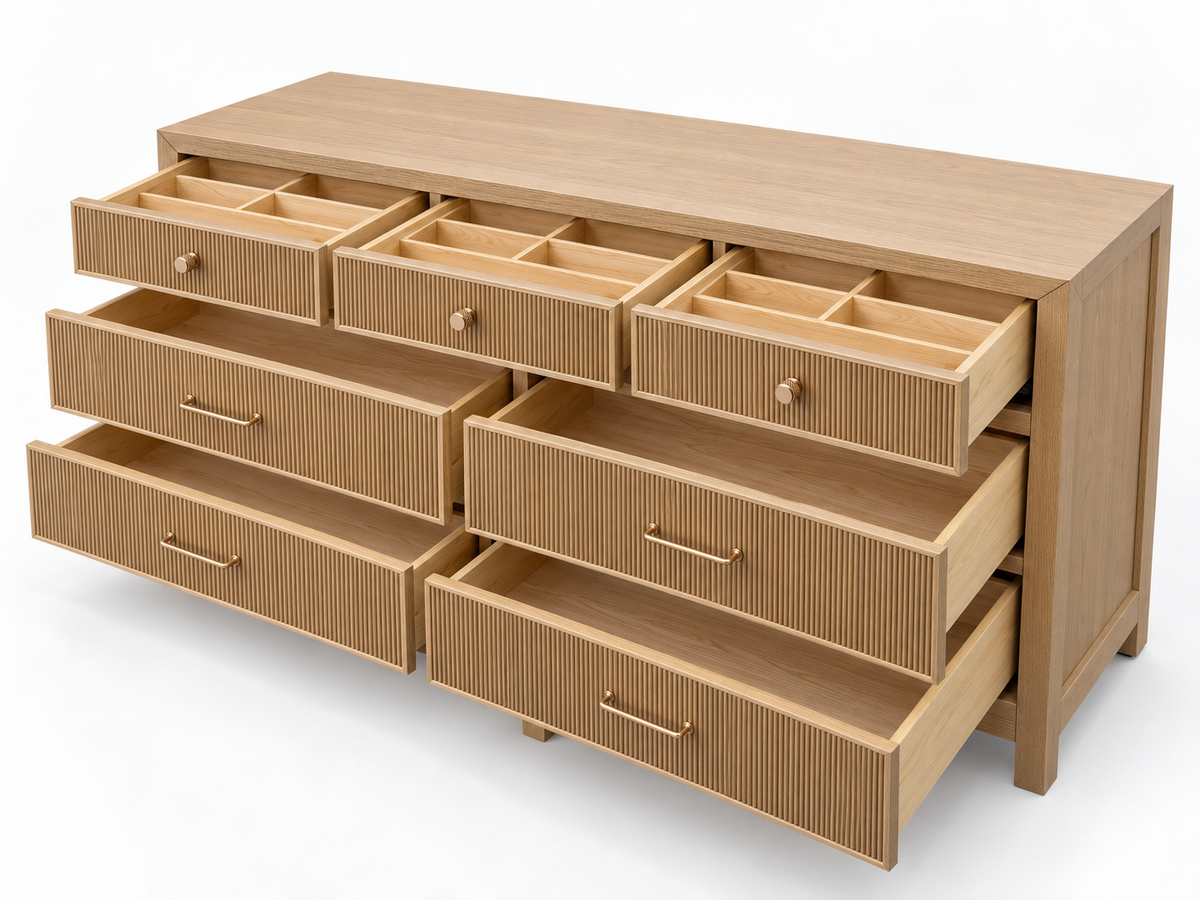 Rendered Sonoma 72-inch dresser in Nordic White Oak — open overall. Room decor shown for styling.
