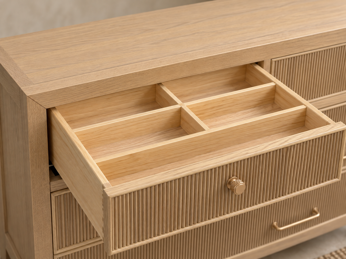 Rendered Sonoma 72-inch dresser in Nordic White Oak — organizer detail. Room decor shown for styling.