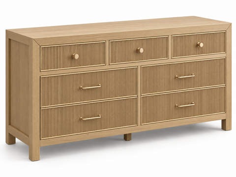 Rendered Sonoma 72-inch dresser in Nordic White Oak — studio left. Room decor shown for styling.
