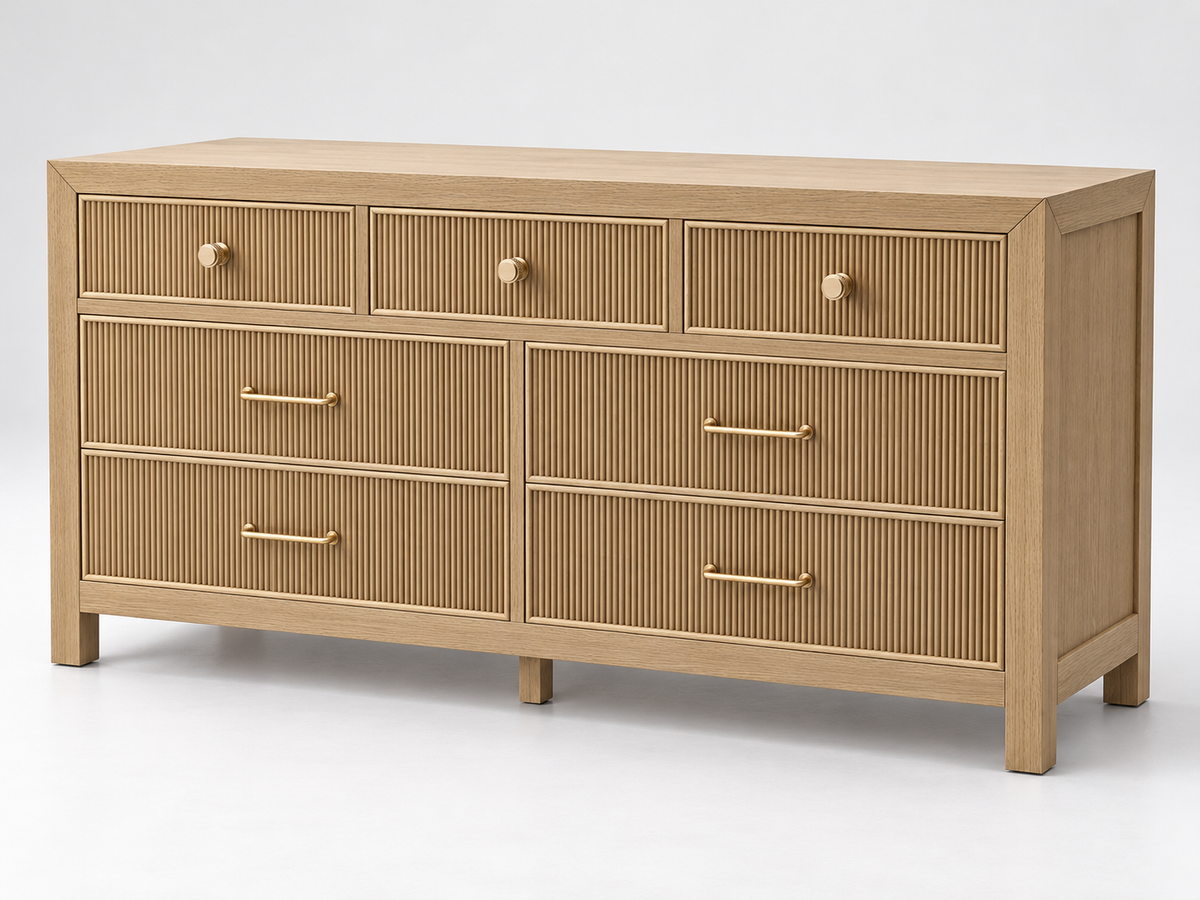 Rendered Sonoma 72-inch dresser in Nordic White Oak — studio right. Room decor shown for styling.