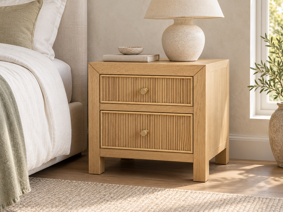 Rendered Sonoma 20-inch nightstand in Nordic White Oak — interior 01. Room decor is styling.