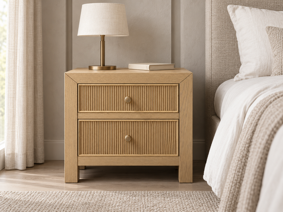 Rendered Sonoma 20-inch nightstand in Nordic White Oak — interior 02. Room decor is styling.