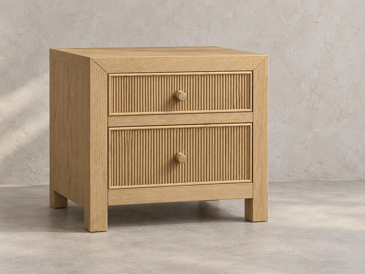 Rendered Sonoma 20-inch nightstand in Nordic White Oak — limewash 02. Room decor is styling.