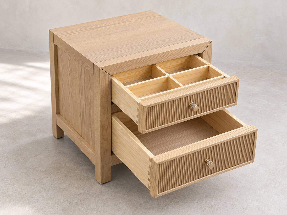 Rendered Sonoma 20-inch nightstand in Nordic White Oak — open 01. Room decor is styling.