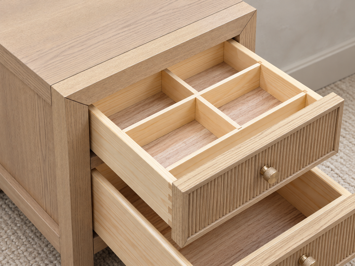 Rendered Sonoma 20-inch nightstand in Nordic White Oak — organizer detail. Room decor is styling.