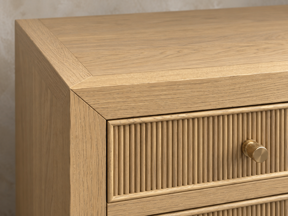 Rendered Sonoma 20-inch nightstand in Nordic White Oak — top frame macro. Room decor is styling.