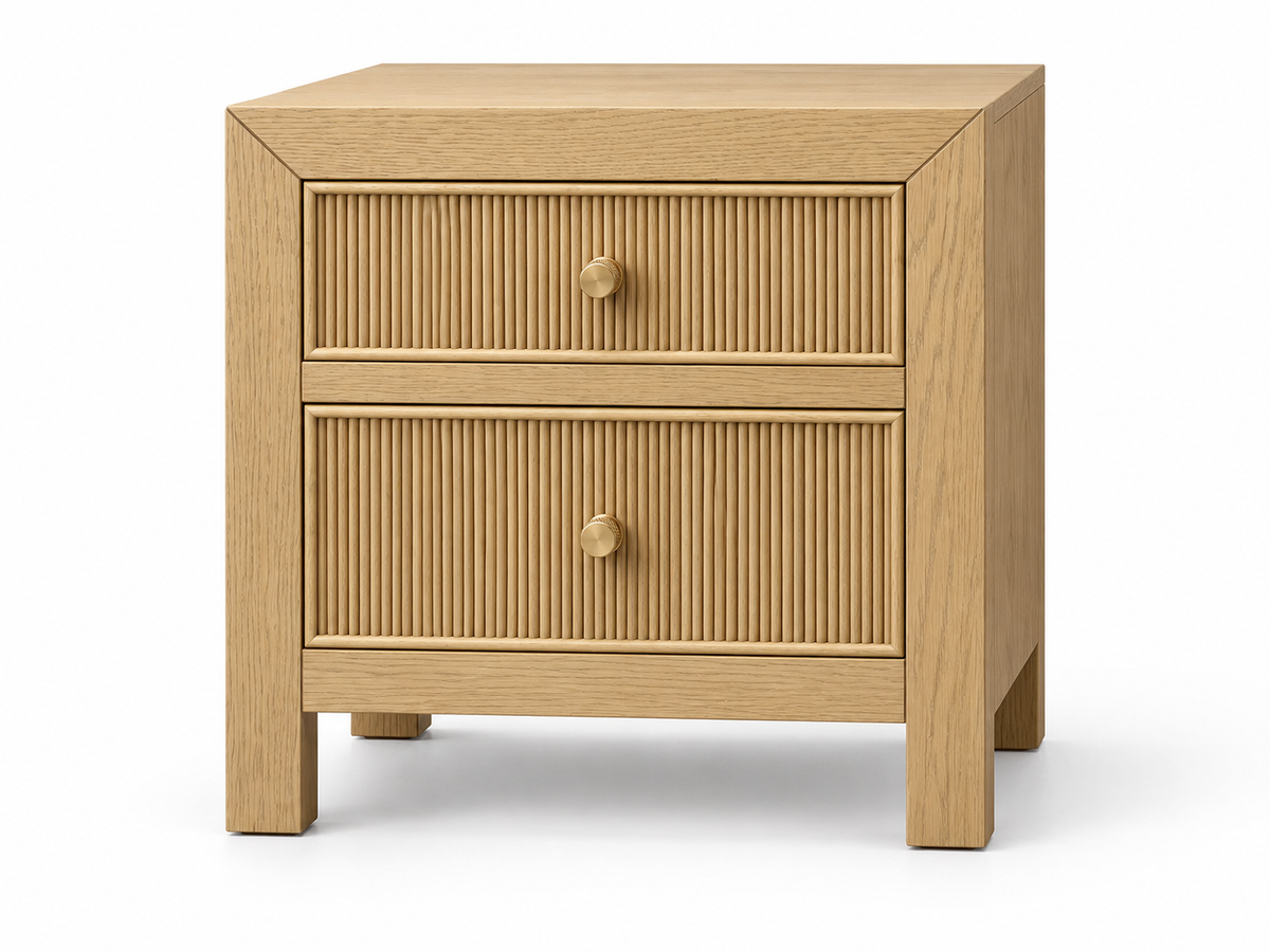 Rendered Sonoma 20-inch nightstand in Nordic White Oak — white 02. Room decor is styling.