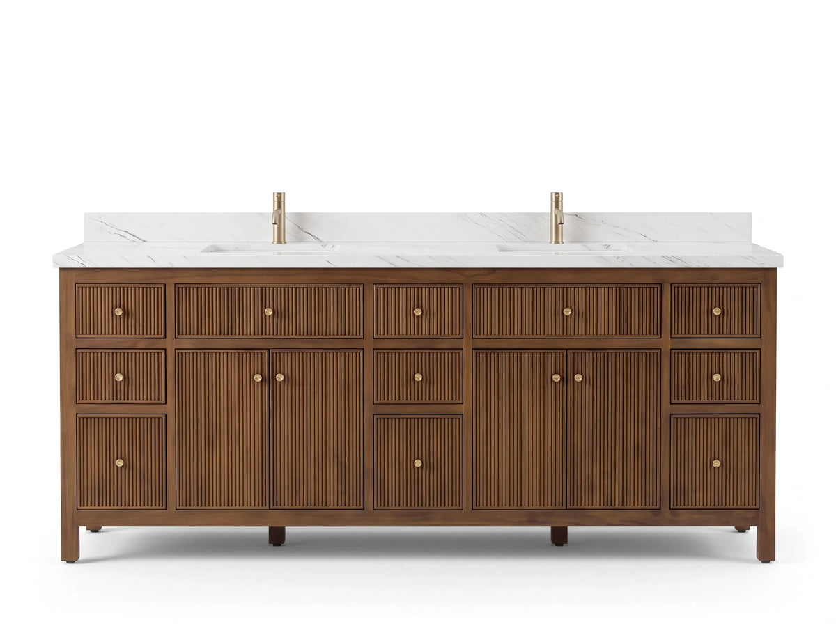 Sonoma 84 inch Dark Natural teak vanity with Palissandro Quartz, front view on white background