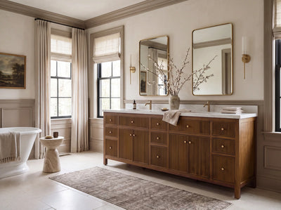 Sonoma 84 inch Dark Natural teak vanity with Palissandro Quartz, in a warm residential bathroom