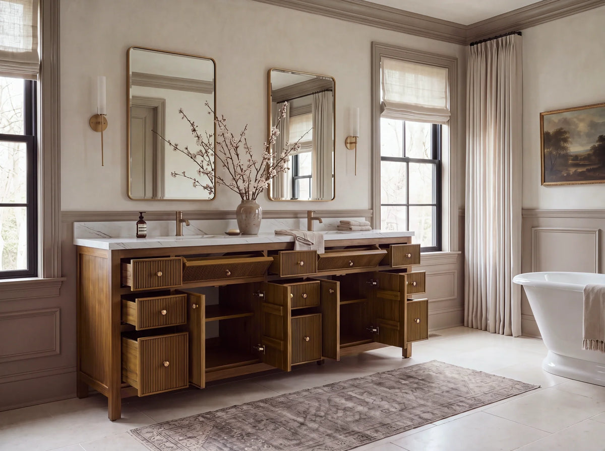 Sonoma 84 inch Dark Natural teak vanity with Palissandro Quartz, open drawers and doors in a residential bathroom