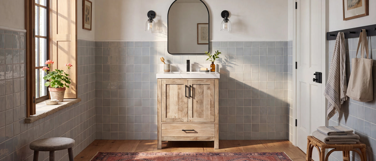 30 inch bathroom vanities — Malibu 30 inch mango wood single sink vanity in a compact guest bathroom with dove blue glazed tile and warm oak floors