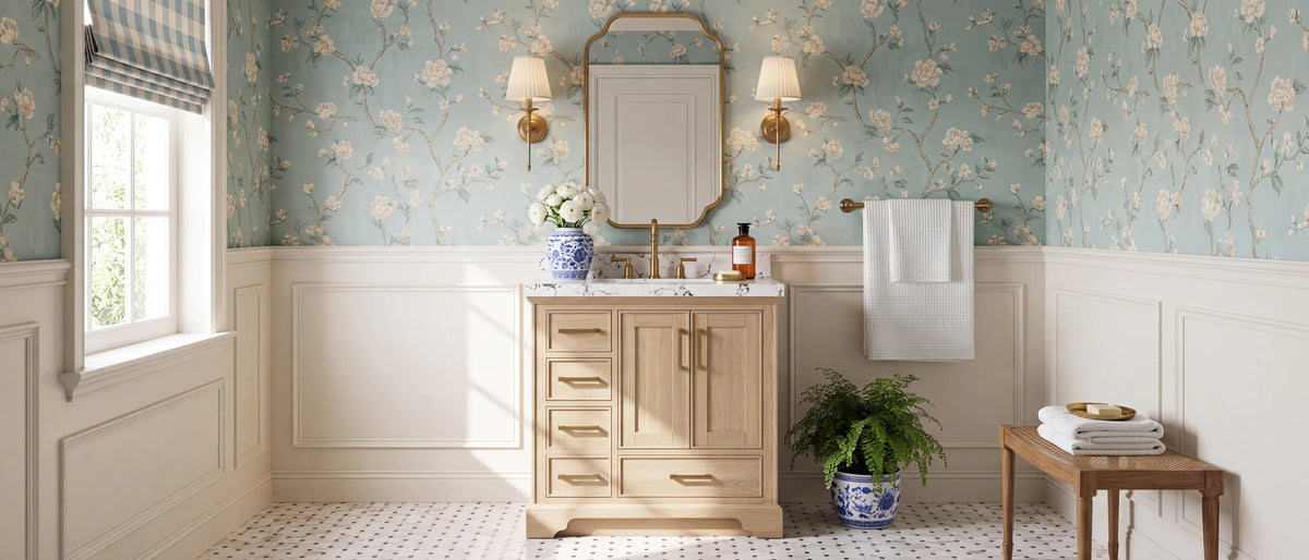 Charlotte 36 inch White Oak single sink bathroom vanity in a pale blue floral wallpapered bathroom with a marble hexagon mosaic floor