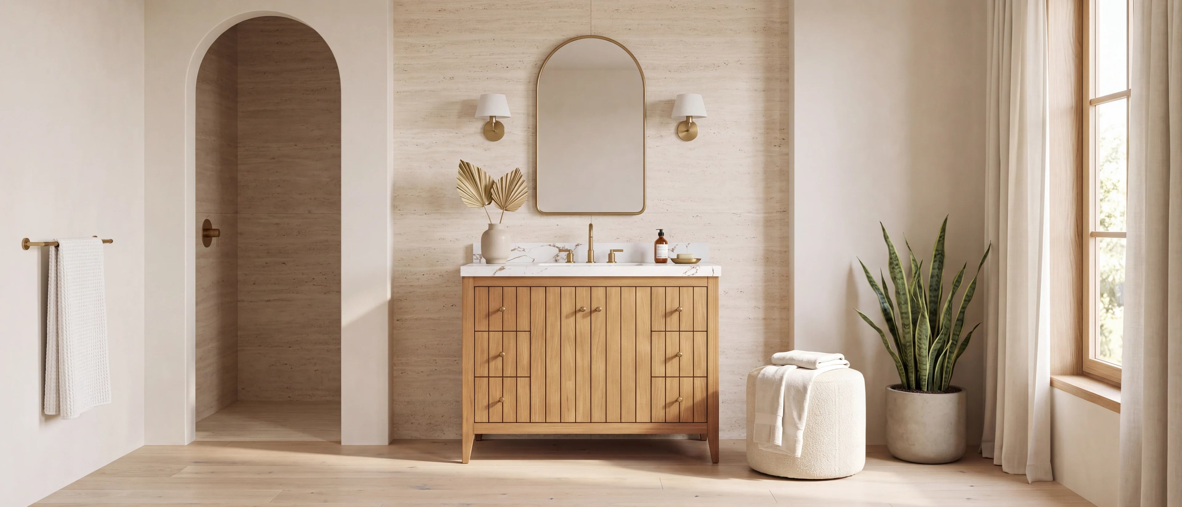 Atlanta 42 inch solid teak single sink bathroom vanity against a honed travertine wall in a warm sunlit bathroom