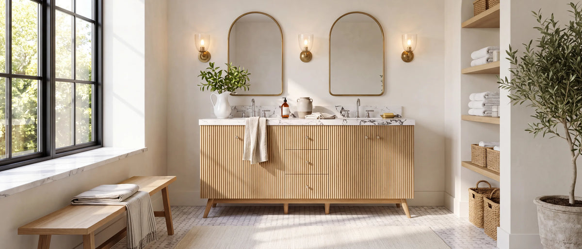 Pasadena 72 inch White Oak double sink bathroom vanity with reeded oak fronts in a bright bathroom with a black steel window and marble mosaic floor