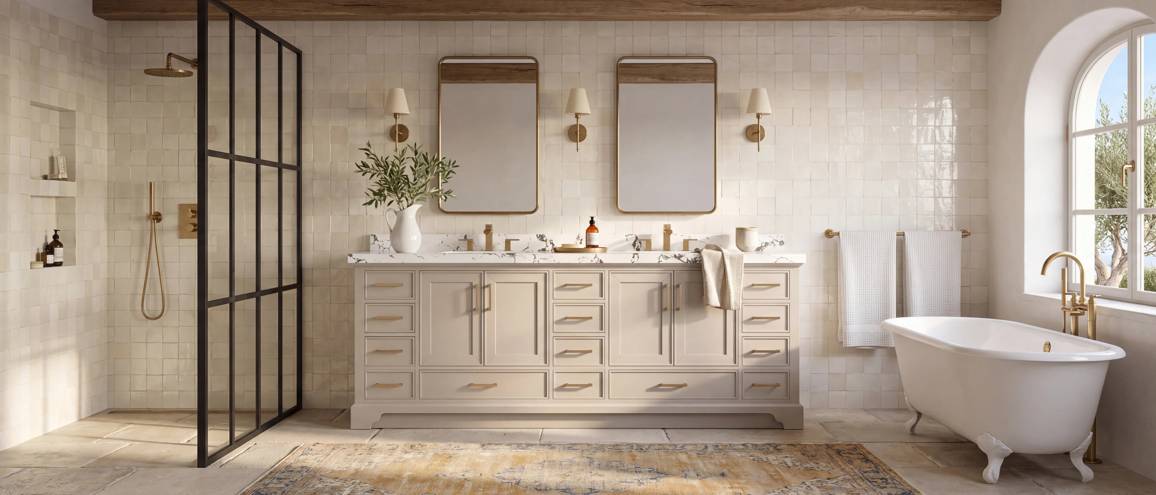 96-inch Charlotte double vanity in Fine Grain Linen Beige in a Provencal farmhouse bathroom with ivory zellige walls and oak beams