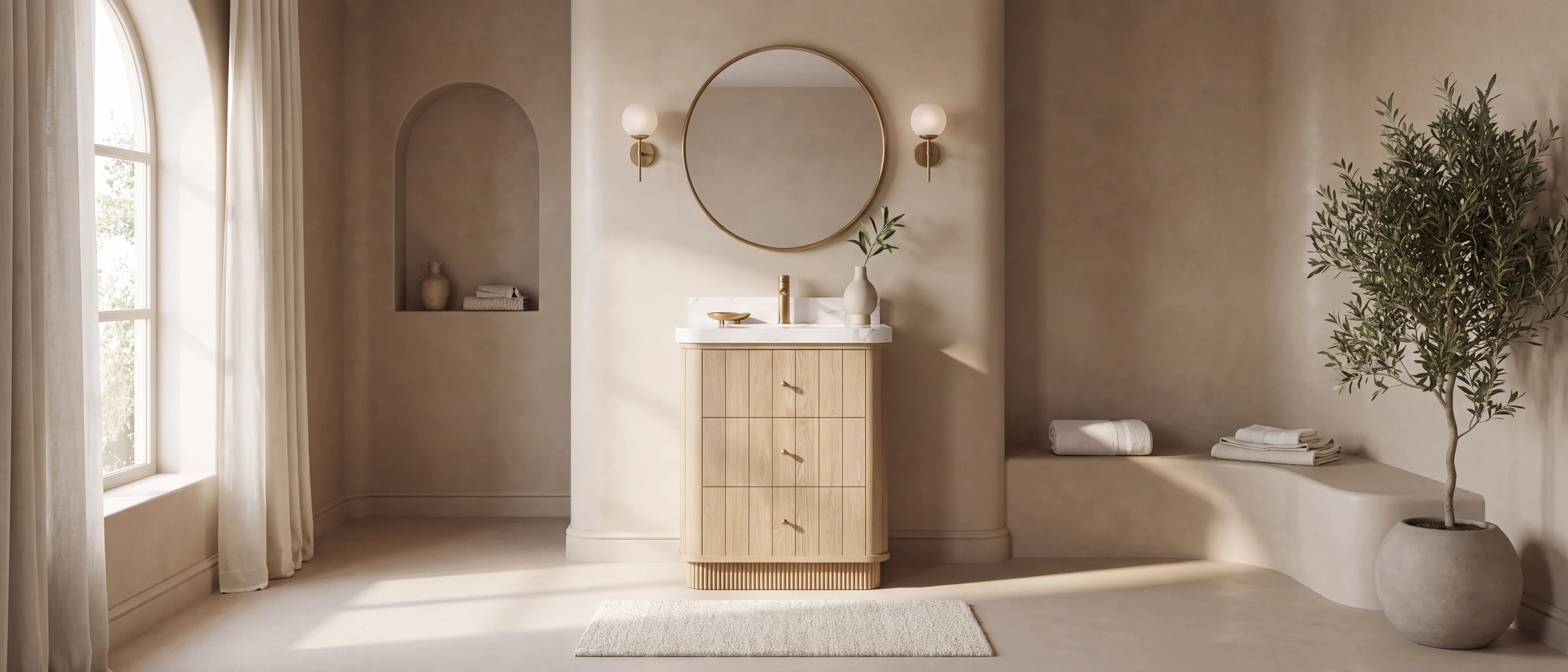 Houston 30 inch White Oak curved edge bathroom vanity in a warm micro-cement bathroom with rounded corners and an arched window