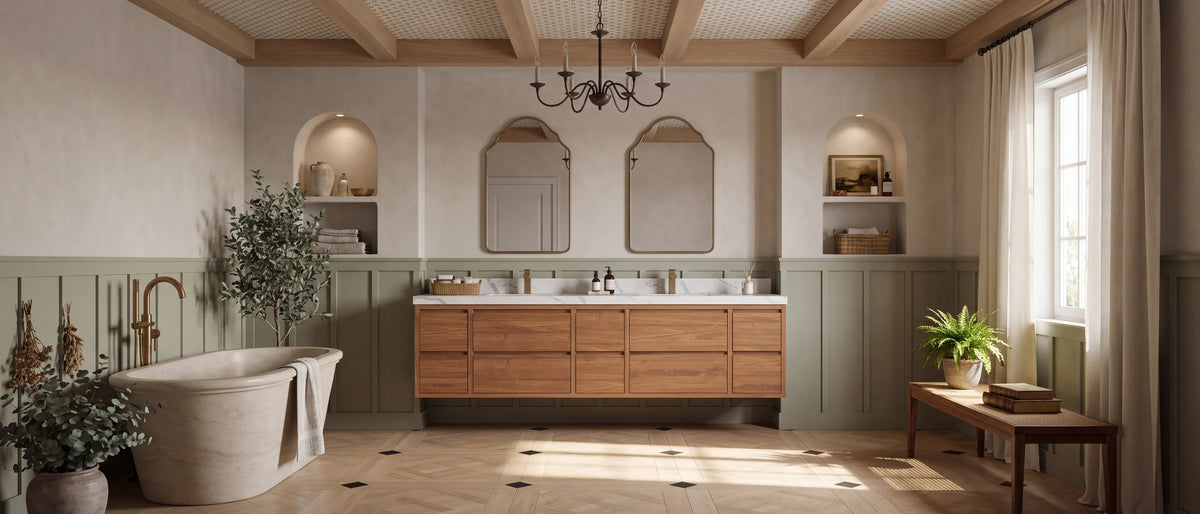 Madison floating teak double sink vanity in a warm bathroom with coffered oak beams, arched niches and a herringbone floor