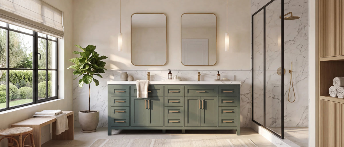 Pewter Green vanities — 84 inch Cambridge shaker double sink vanity in deep green in a warm modern primary bathroom with limewash plaster and a marble wainscot