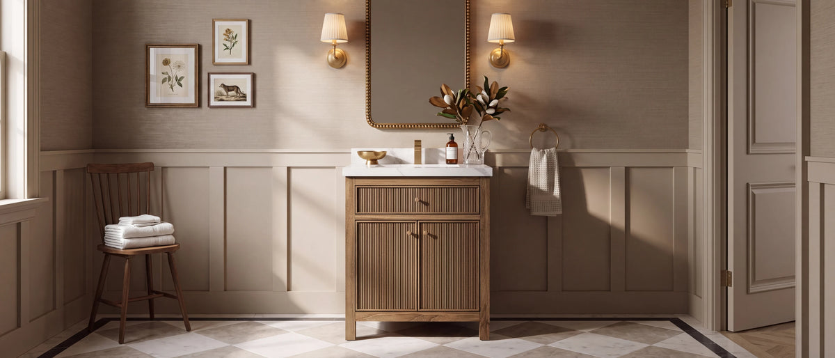 Powder room vanity with sink — 30 inch Sonoma teak fluted vanity in a Nashville powder room with board and batten walls and a marble checkerboard floor