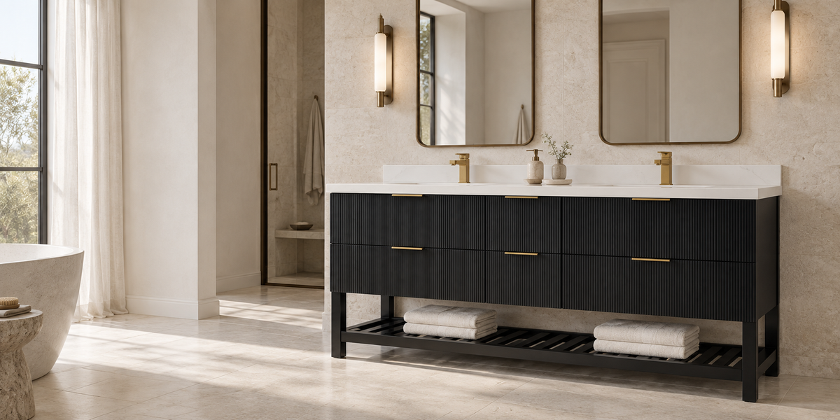 Catalina 72-inch black reeded double-sink vanity with White Quartz countertop in a light stone bathroom