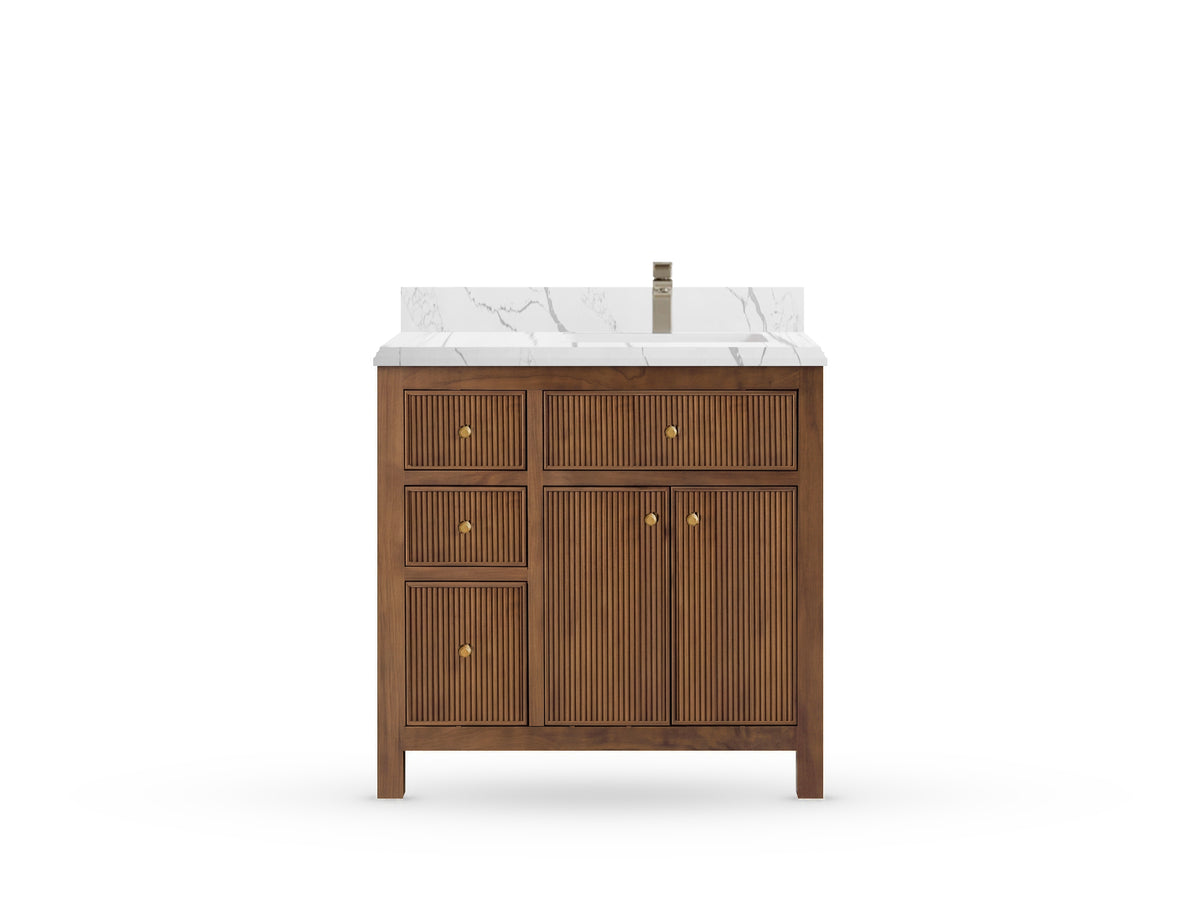 Sonoma Reeded Teak Wood 36 in. W x 22 in. D Right Offset Sink Bathroom Vanity