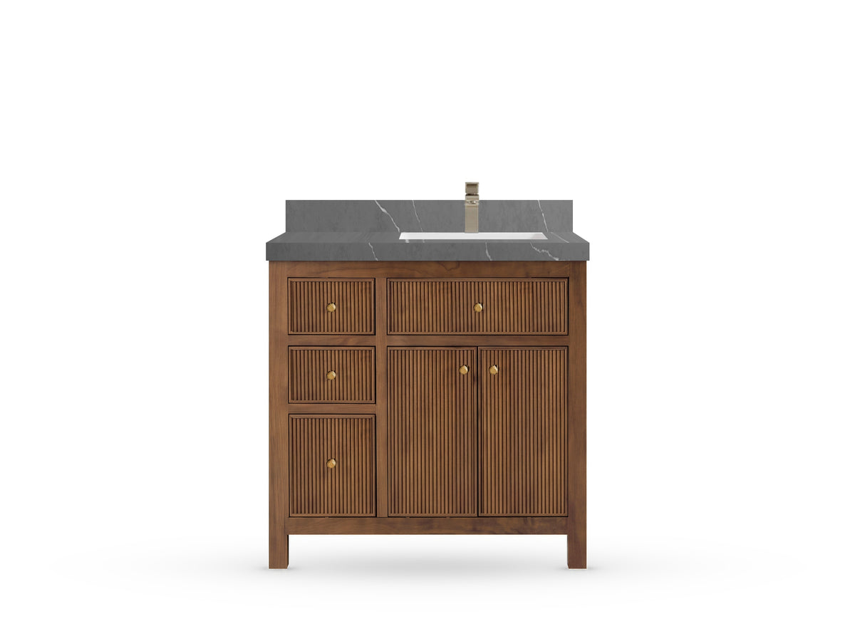 Sonoma Reeded Teak Wood 36 in. W x 22 in. D Right Offset Sink Bathroom Vanity