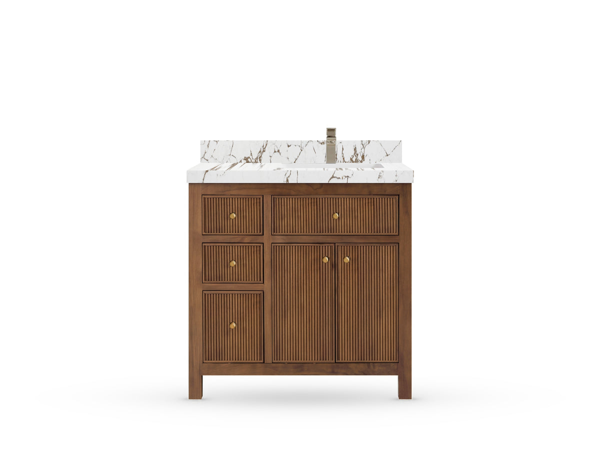 Sonoma Reeded Teak Wood 36 in. W x 22 in. D Right Offset Sink Bathroom Vanity
