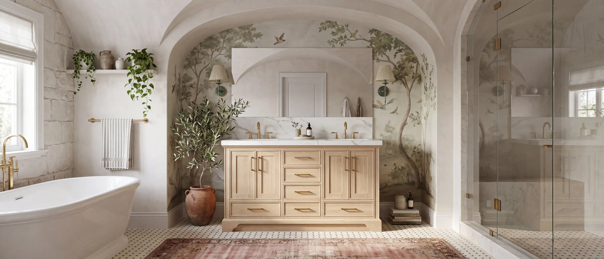Transitional bathroom with a Charlotte white oak double sink vanity under a plaster groin vault, hand-painted tree mural and basketweave mosaic floor