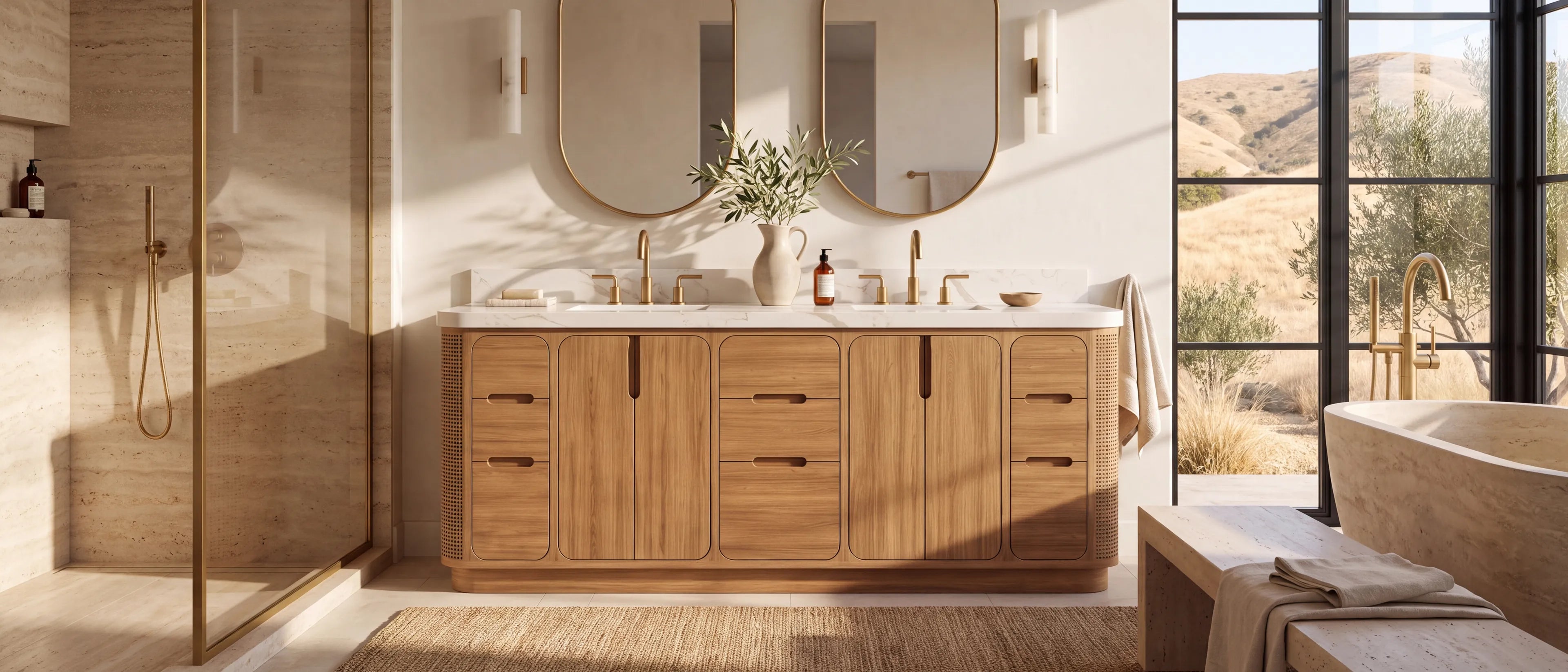 Ventura 72-inch solid teak double vanity with pale natural rattan end panels in a Californian canyon bathroom of lime plaster and honed travertine