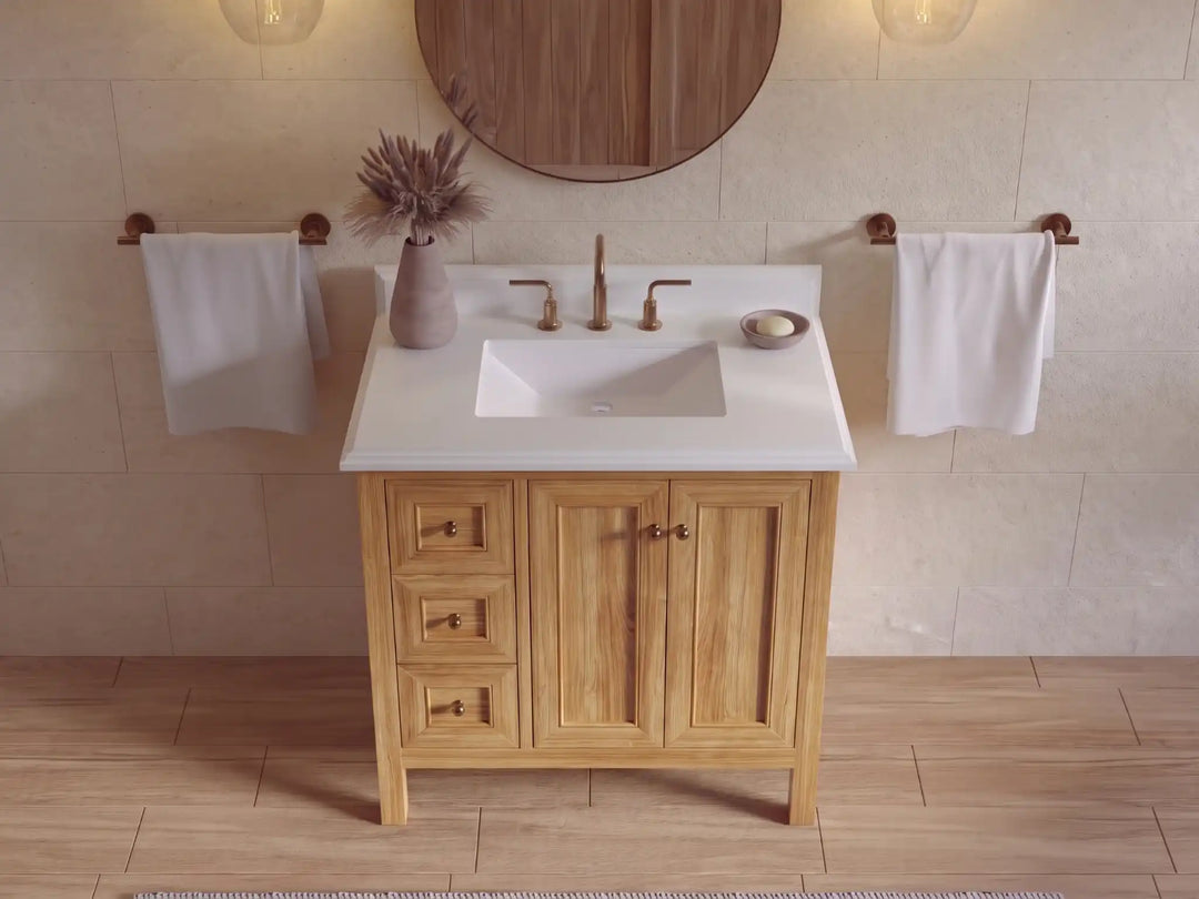 Nashville Teak Wood 36 in. W x 22 in. D Center Sink Bathroom Vanity | 
              
                Light Natural Teak
                
                  
             - NAS_TK_LNT_WHQZ_36CR - photo №26