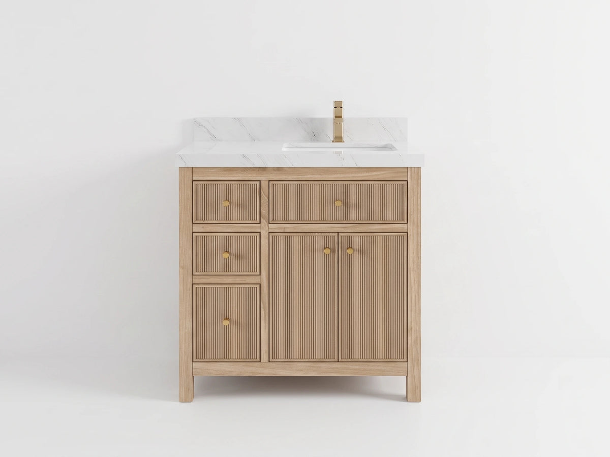 Sonoma Reeded Teak Wood 36 in. W x 22 in. D Right Offset Sink Bathroom Vanity