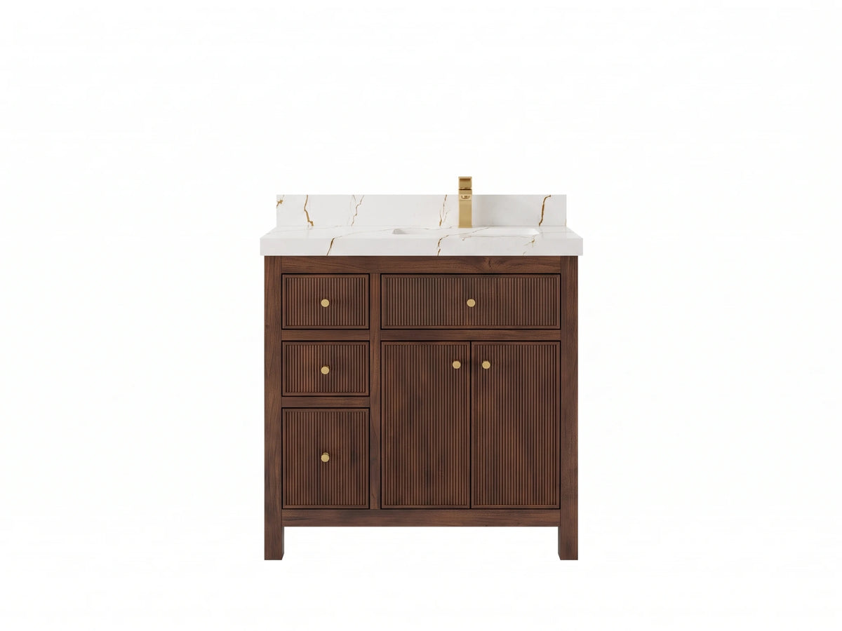 Sonoma Reeded Teak Wood 36 in. W x 22 in. D Right Offset Sink Bathroom Vanity