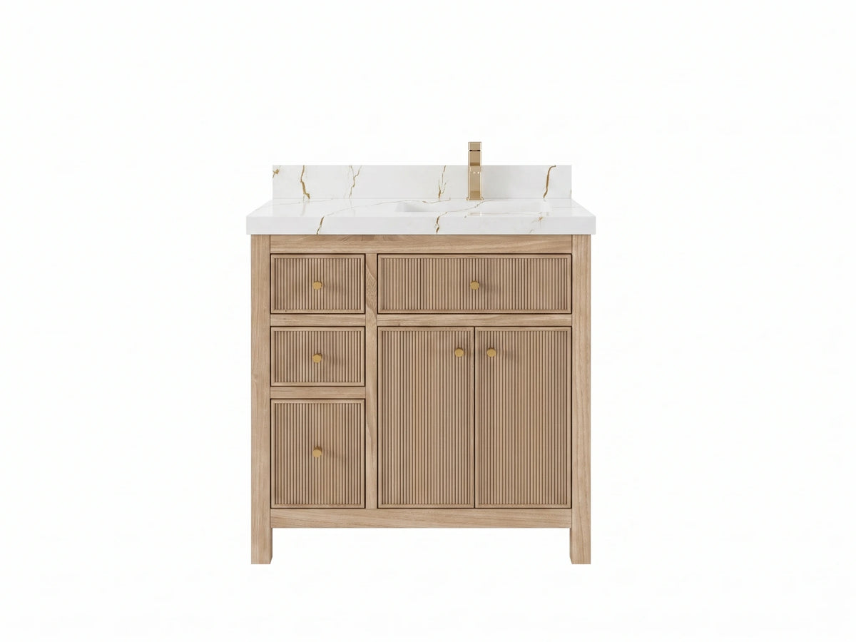 Sonoma Reeded Teak Wood 36 in. W x 22 in. D Right Offset Sink Bathroom Vanity