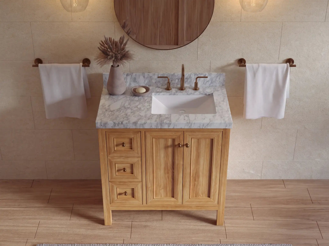 Nashville Teak Wood 36 in. W x 22 in. D Right Offset Sink Bathroom Vanity | 
              
                Light Natural Teak
                
                  
             - NAS_TK_LNT_WHQZ_36R - photo №9