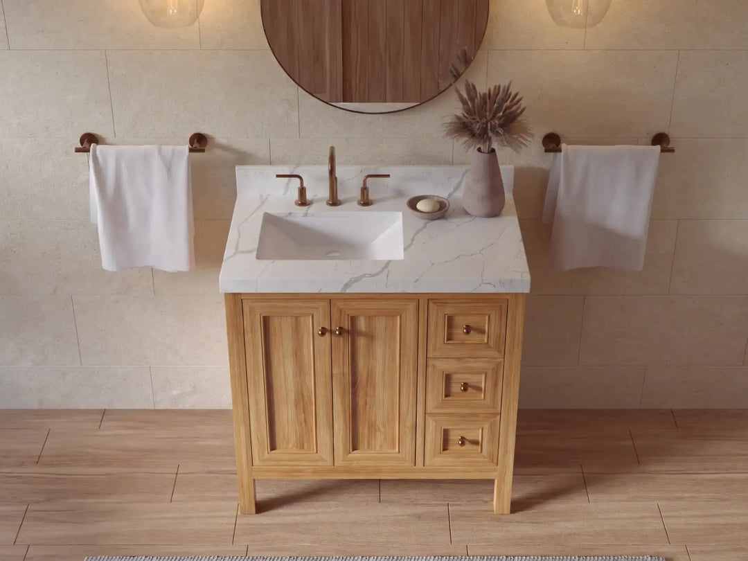 Nashville Teak Wood 36 in. W x 22 in. D Left Offset Sink Bathroom Vanity | 
              
                Light Natural Teak
                
                  
             - NAS_TK_LNT_WHQZ_36L - photo №14
