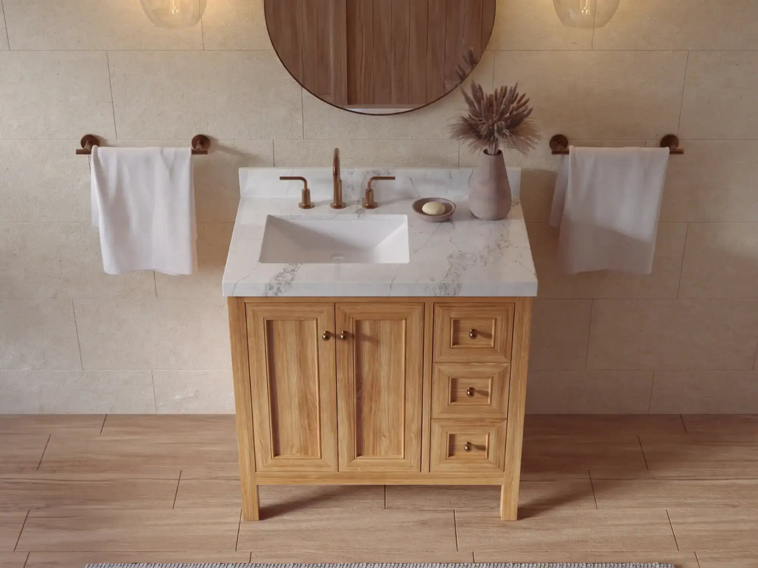 Nashville Teak Wood 36 in. W x 22 in. D Left Offset Sink Bathroom Vanity | 
              
                Light Natural Teak
                
                  
             - NAS_TK_LNT_WHQZ_36L - photo №15