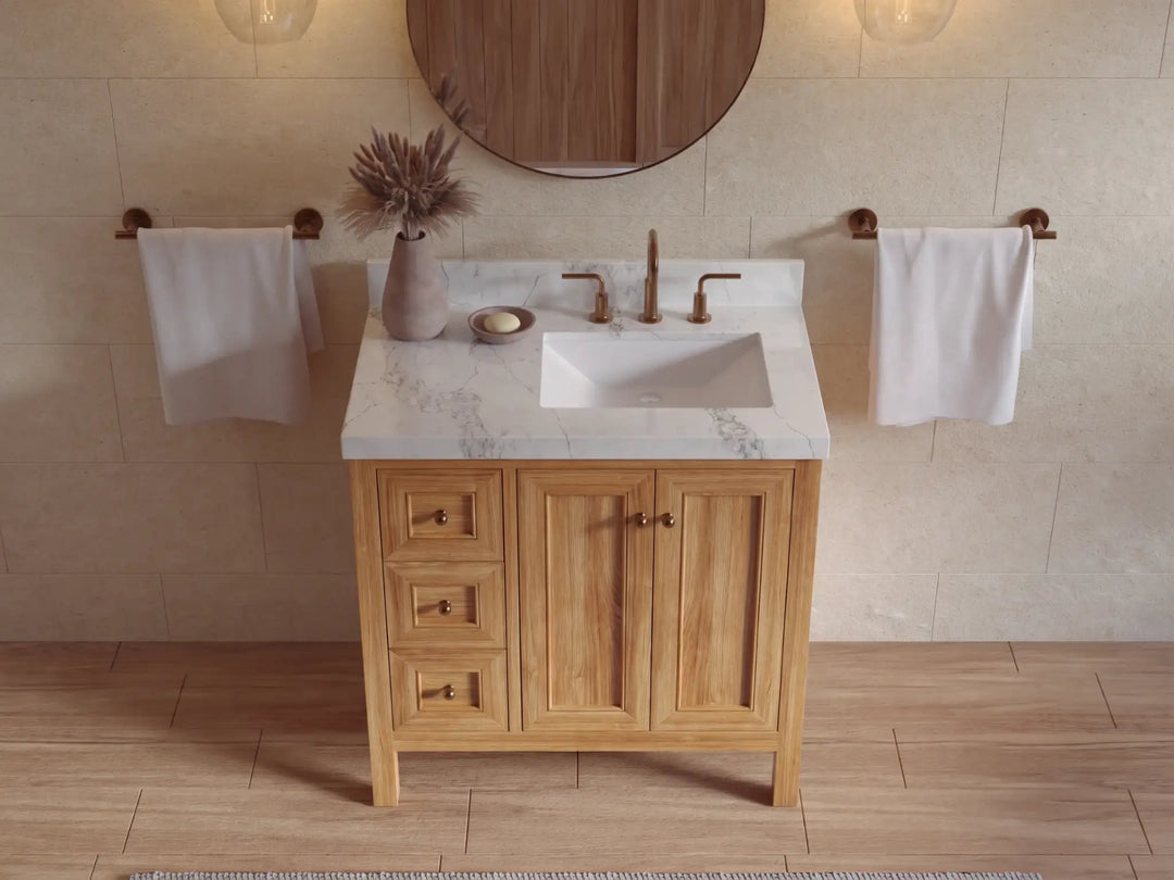 Nashville Teak Wood 36 in. W x 22 in. D Right Offset Sink Bathroom Vanity | 
              
                Light Natural Teak
                
                  
             - NAS_TK_LNT_WHQZ_36R - photo №14