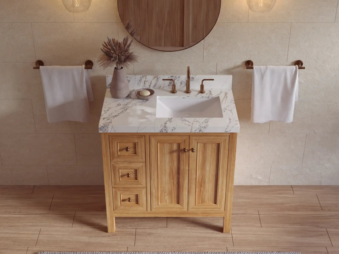 Nashville Teak Wood 36 in. W x 22 in. D Right Offset Sink Bathroom Vanity | 
              
                Light Natural Teak
                
                  
             - NAS_TK_LNT_WHQZ_36R - photo №15